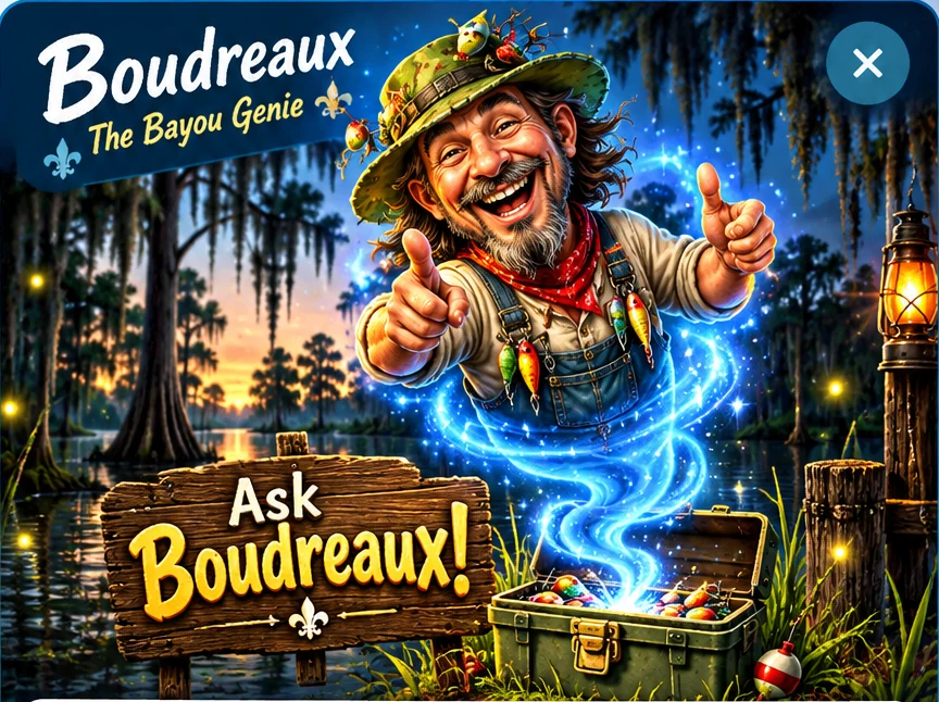 Boudreaux the Bayou Genie floating above a magical fishing tackle box in a Louisiana bayou, beside an Ask Boudreaux sign