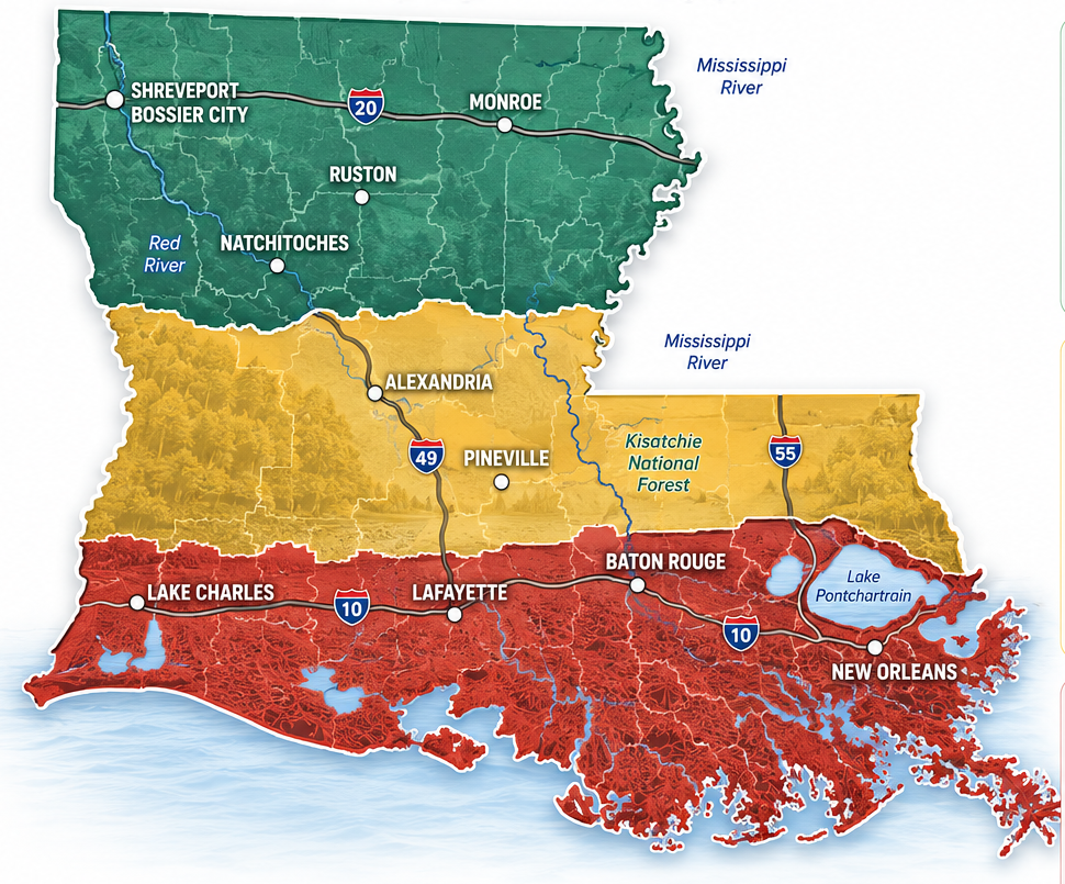 Louisiana fishing regions map showing northern, central and southern Louisiana